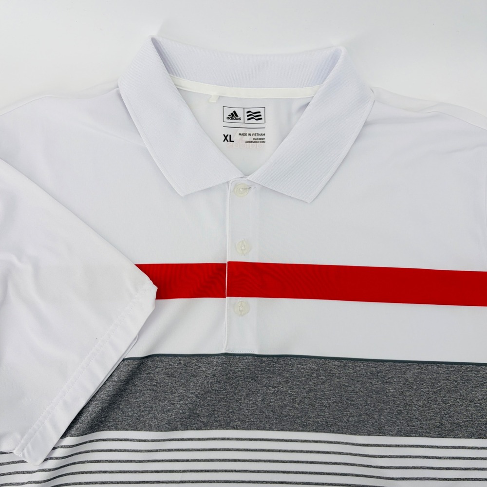 Adidas Golf Mens XL White Striped Short Sleeve Performance Polo Shirt